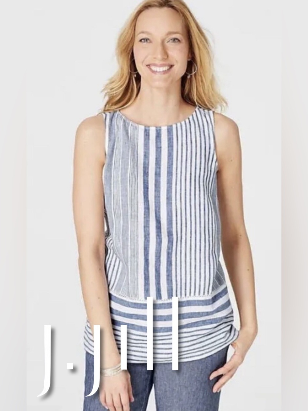 J. Jill Love Linen Blue and White Striped Sleeveless Tunic Top L
